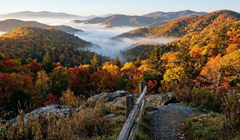 Vibrant fall foliage covering the rolling hills of the Great Smoky Mountains.