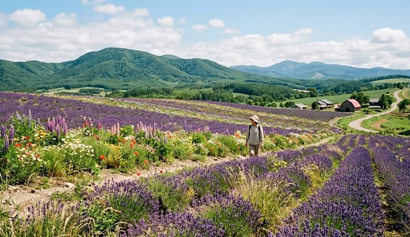 how long is summer vacation in japan: Beautiful lavender field in full bloom during summer in Hokkaido, Japan.