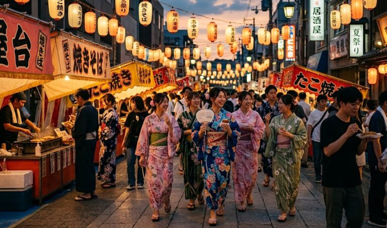 Local Japanese people celebrating a traditional summer matsuri festival in Tokyo.