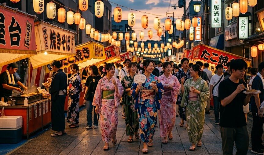 Local Japanese people celebrating a traditional summer matsuri festival in Tokyo.