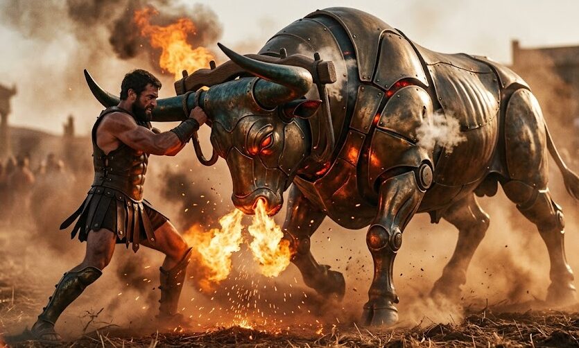 Jason completing the impossible task of taming the fire-breathing bull in Colchis.
