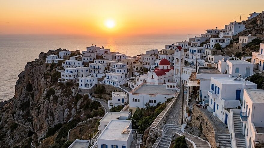 best greek islands to visit Breathtaking golden hour sunset over the cliffside village of Mesochori in Karpathos.