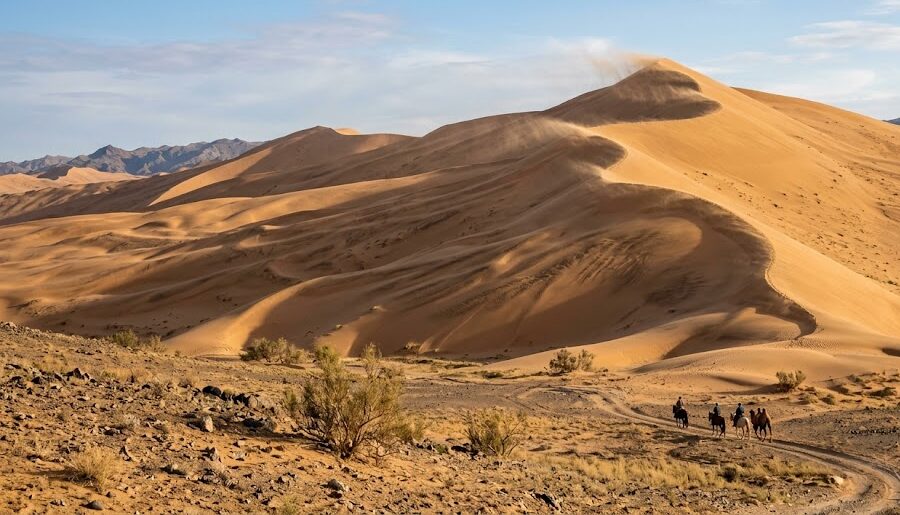 The towering Khongoryn Els sand dunes, also known as the Singing Sands, in the Gobi Desert mongolia.