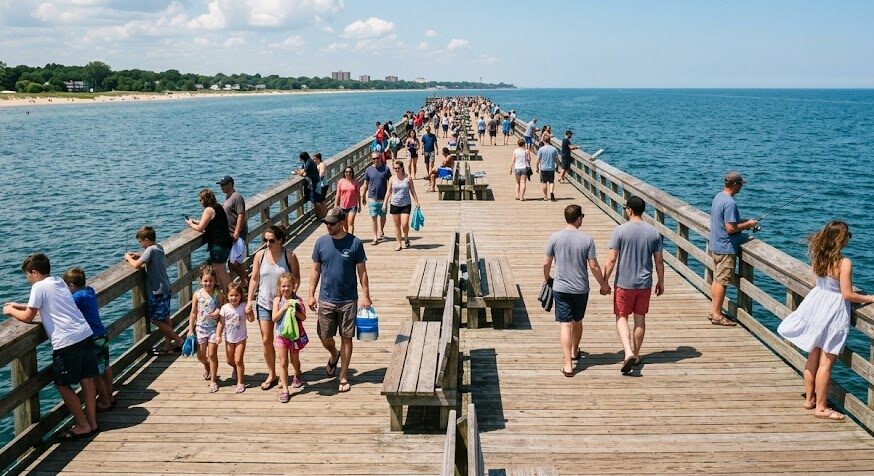 A wooden pier extending into the vast, blue waters of Lake Michigan.