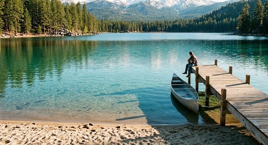 The crystal clear waters and sandy beach of Lake Tahoe in the spring.