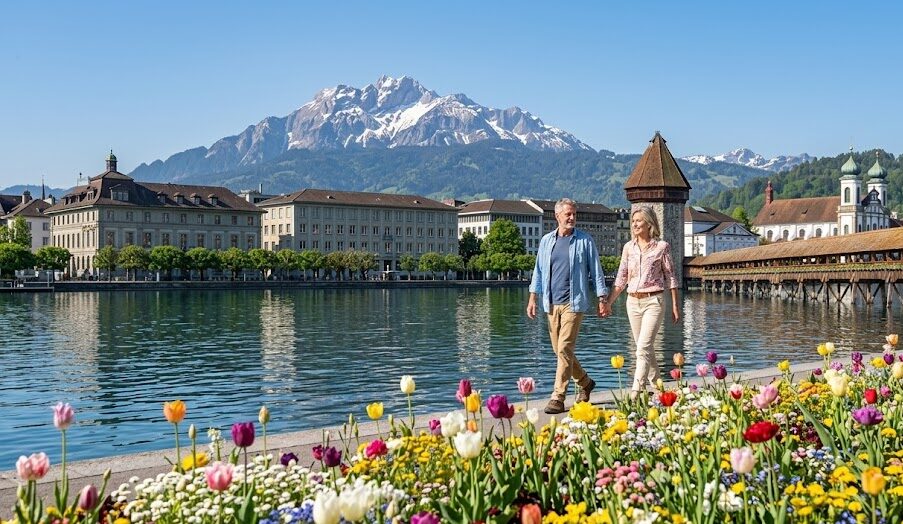 Best Time to Travel to Switzerland Best Time to Travel to Switzerland: Beautiful spring bloom near Lake Lucerne during the shoulder season in Switzerland.