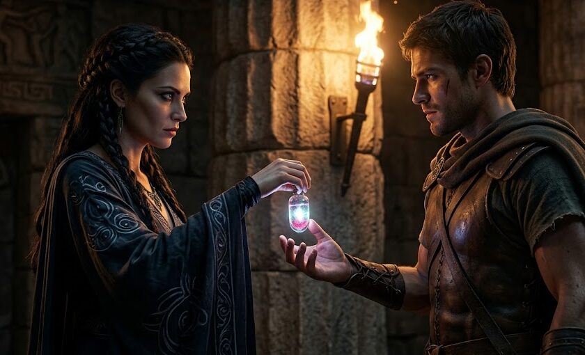 Medea handing a magic potion to Jason to help him defeat the dragon.