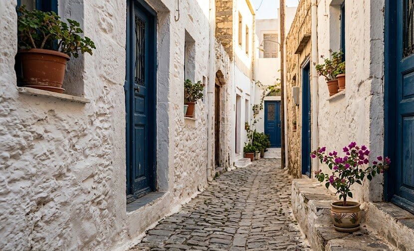 best greek islands to visit A quiet, traditional narrow cobblestone alleyway with whitewashed walls in the village of Mesochori, Karpathos.