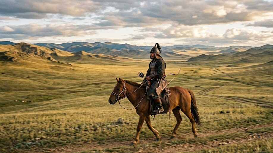 A nomadic rider on the Mongolian steppe, the cradle of the Mongol Empire.