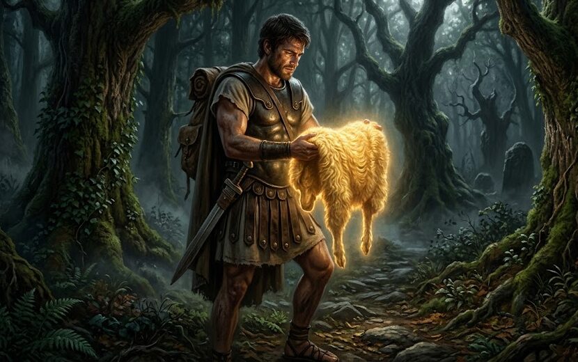 The Greek hero Jason holding the glowing golden fleece in the sacred grove.