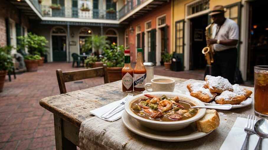 Authentic New Orleans food including seafood gumbo and beignets in the French Quarter.