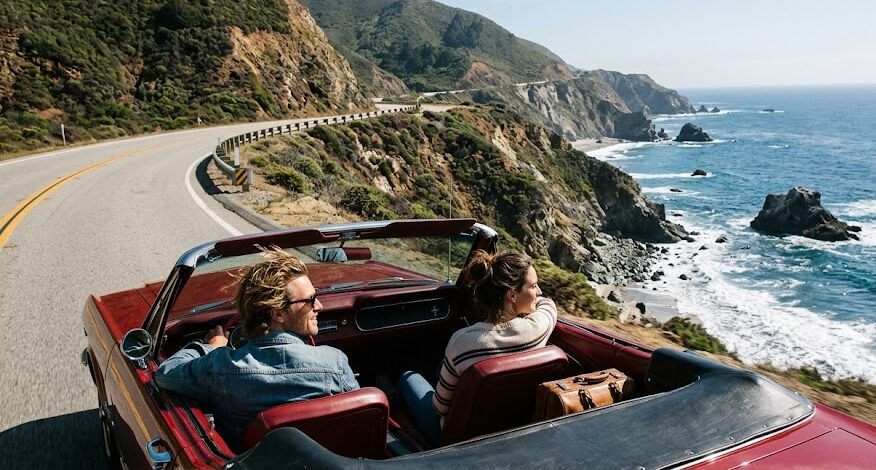 Driving along the steep cliffs of the Pacific Coast Highway in Big Sur.