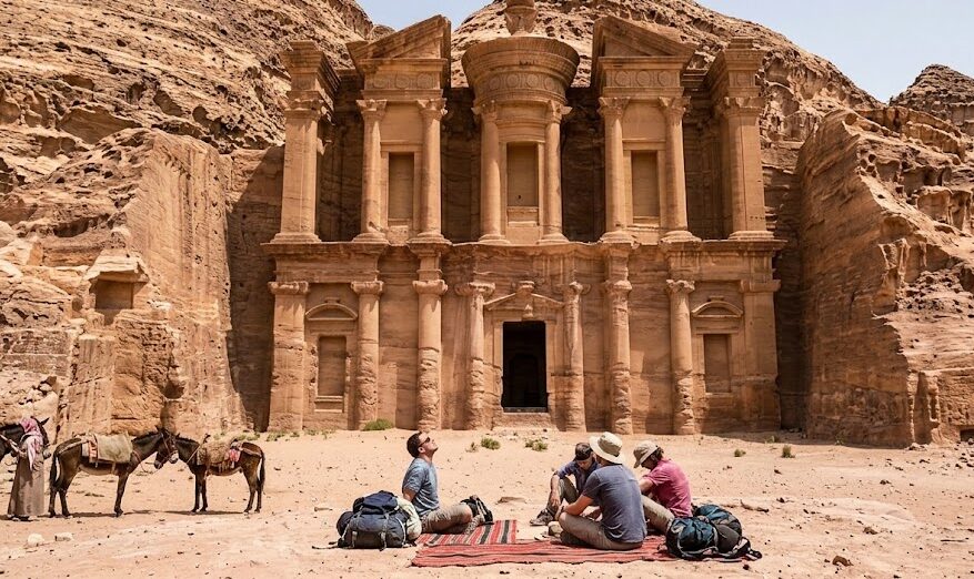 The colossal, perfectly preserved carved facade of the Monastery in Petra.