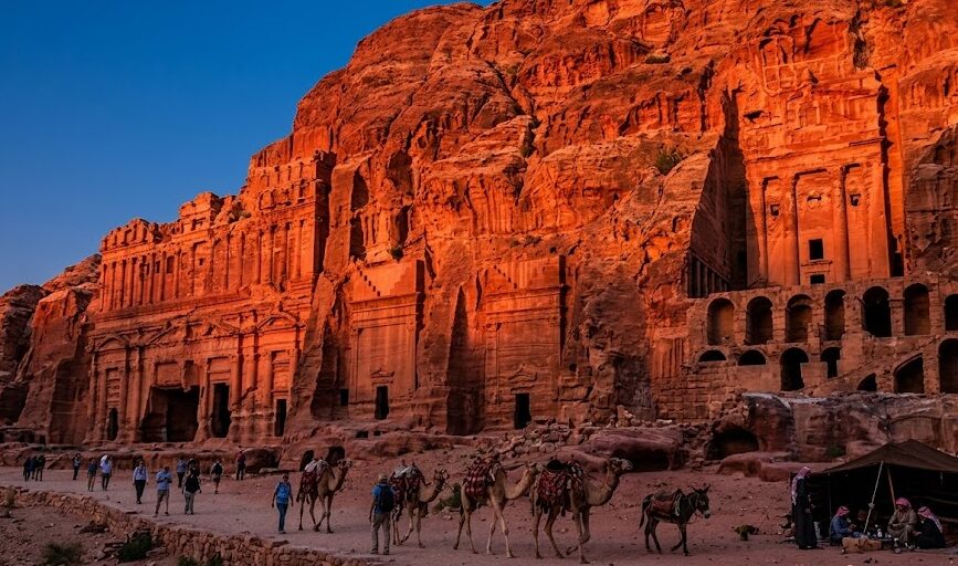 The colossal, perfectly preserved carved facade of the Monastery in Petra.
