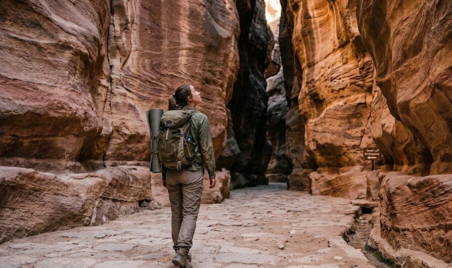 A traveler walking between the towering sandstone cliffs of the Siq in Petra.
