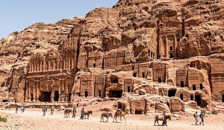 Ancient tombs carved into the rose-red sandstone at the Street of Facades in Petra.