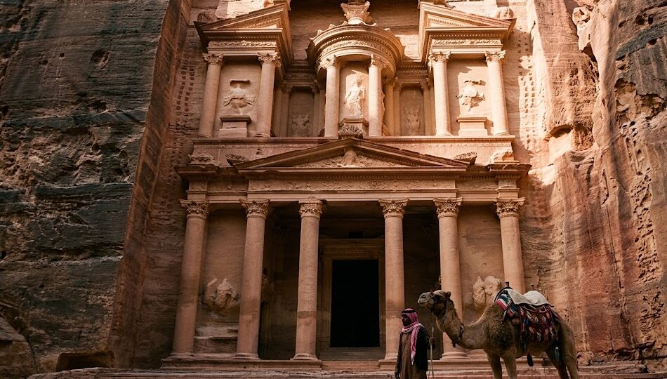 The intricately carved facade of the Treasury in the lost city of Petra.