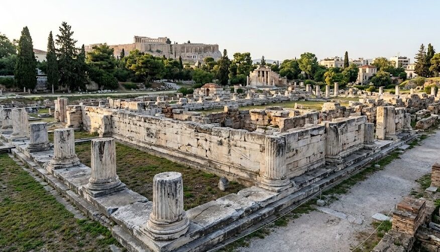 The classical ruins of the Pompeion near the Ancient Agora in Athens.
