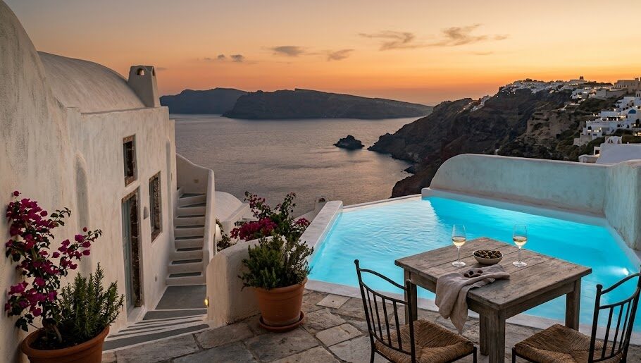 A luxury whitewashed terrace with an infinity pool in Santorini, Greece.