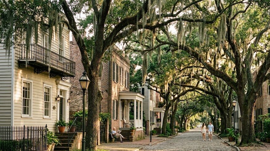 Massive oak trees draped in Spanish moss over a historic street in Savannah, Georgia.
