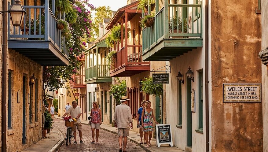 Tourists walking down the charming cobblestone path of Aviles Street in the St. Augustine historic district.
