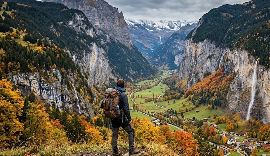 Best Time to Travel to Switzerland Traveler enjoying the golden autumn foliage in a vast Swiss valley.