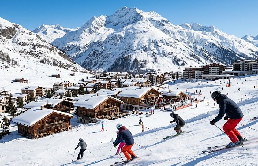 Best Time to Travel to Switzerland Skiers enjoying a sunny day on the slopes at a Swiss Alps ski resort.
