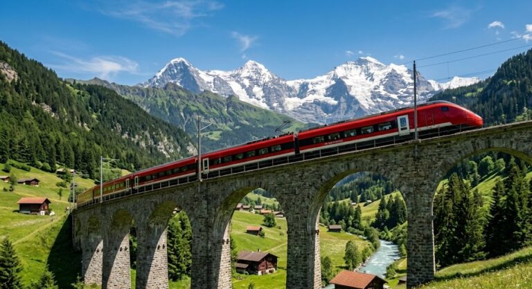 Red Swiss train crossing a viaduct in the breathtaking Swiss Alps landscape.