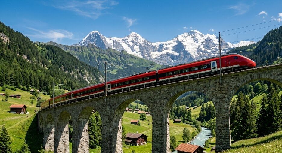Red Swiss train crossing a viaduct in the breathtaking Swiss Alps landscape.
