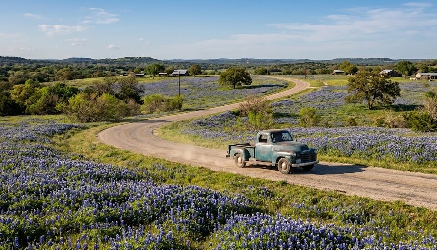 A scenic drive through the blooming bluebonnets of the Texas Hill Country during spring.