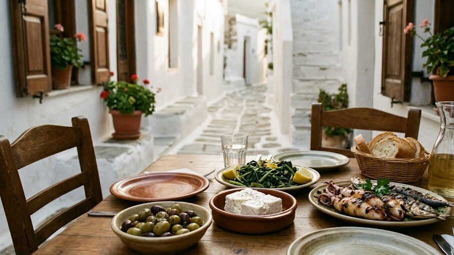 best greek islands to visit Authentic Greek food served at a traditional outdoor taverna on the quiet island of Tinos.