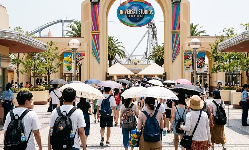 Excited tourists entering a major theme park attraction during summer vacation in Osaka.