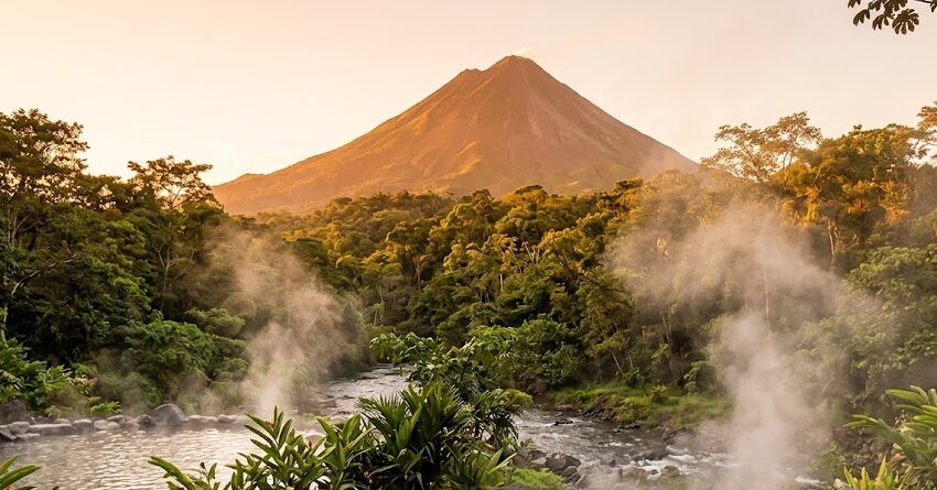 The majestic Arenal Volcano towering over natural hot springs in Costa Rica.
