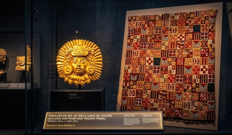 A collection of ancient Inca art featuring golden artifacts and vibrant woven textiles.