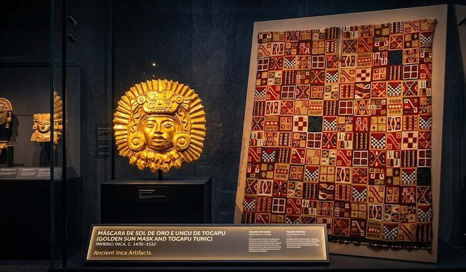 A collection of ancient Inca art featuring golden artifacts and vibrant woven textiles.