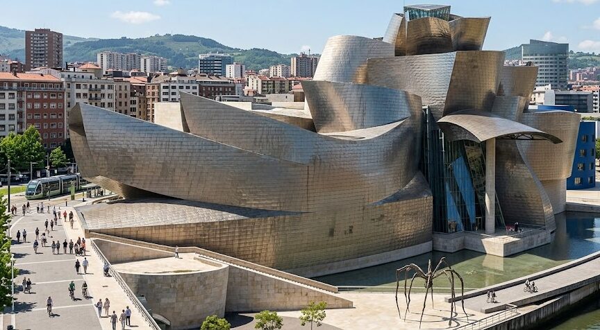 The striking titanium architecture of the Guggenheim Museum in the city of Bilbao, Northern Spain.