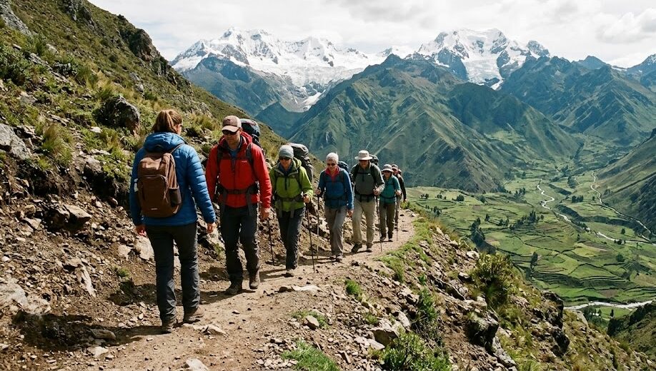 Inca Trail to Machu Picchu: Trekkers hiking the classic 4-day Inca Trail through the Andes mountains.