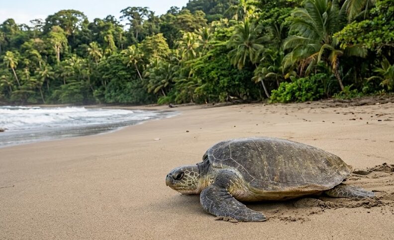 A sea turtle on a pristine beach near Corcovado National Park in the Osa Peninsula.