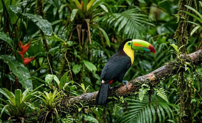 A colorful toucan in the lush tropical rainforests of Costa Rica.