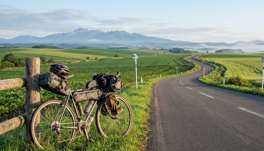 Japan Cycling: A touring bike parked on a beautiful country road in the vast landscape of Hokkaido, Japan.