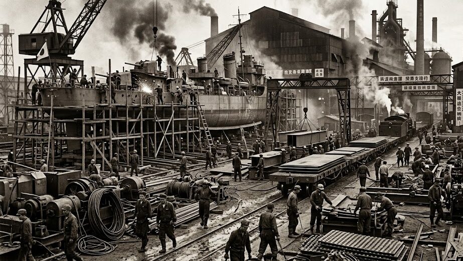 Why Did Japan Bomb Pearl Harbor: Historical documentary photography style, black and white or sepia toned. A bustling 1940s Japanese shipyard and steel factory, showing heavy industrialization and naval construction. High contrast, atmospheric.