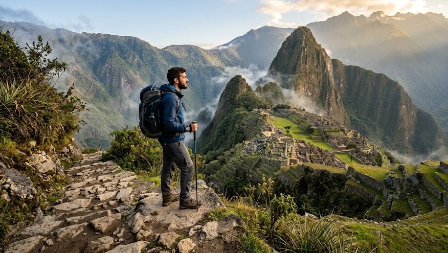 A hiker enjoying the breathtaking view of Machu Picchu at the end of the Inca Trail in Peru.