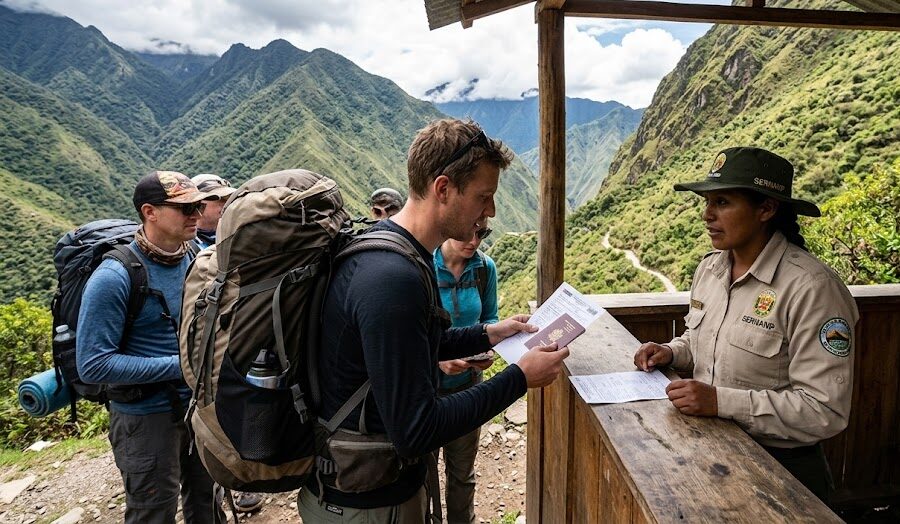 Trekkers showing their passports and permits at the official Inca Trail checkpoint.