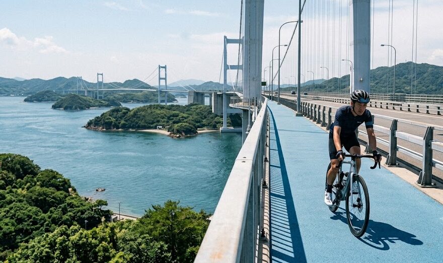 A cyclist enjoying a scenic ride on the famous Shimanami Kaido cycling route in Japan.