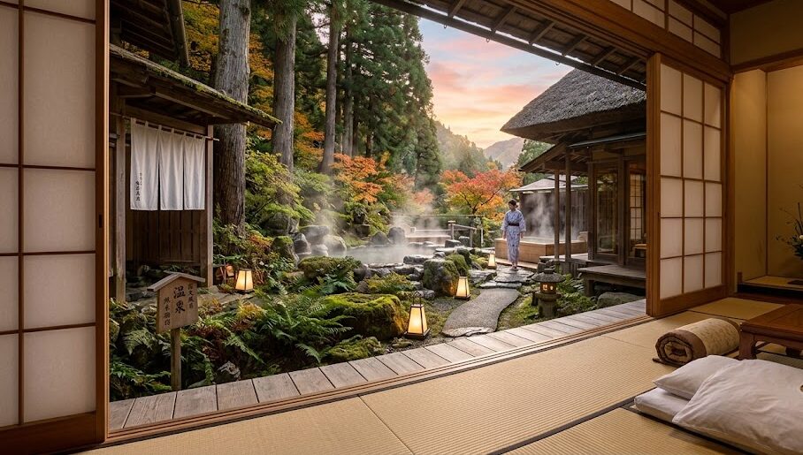 A traditional Japanese ryokan inn and natural onsen hot spring for relaxation.