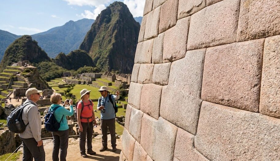 Tourists exploring the ancient stone architecture on a guided Inca citadel tour.