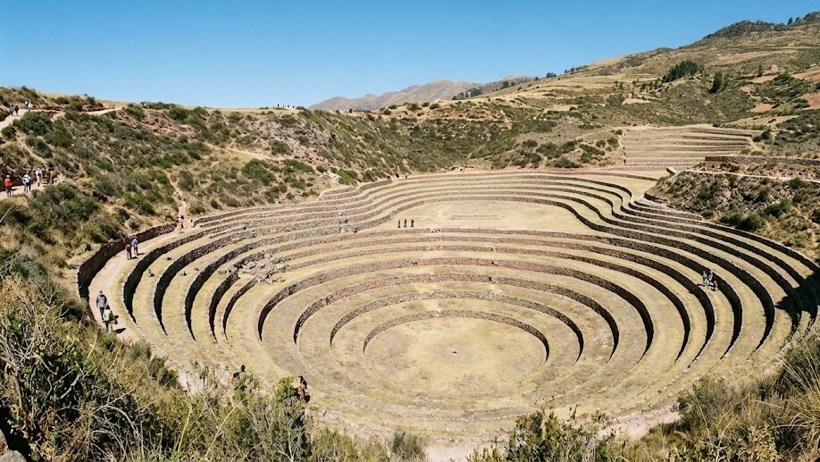 The circular terraced depression of Moray, used by the Incas as an agricultural laboratory.