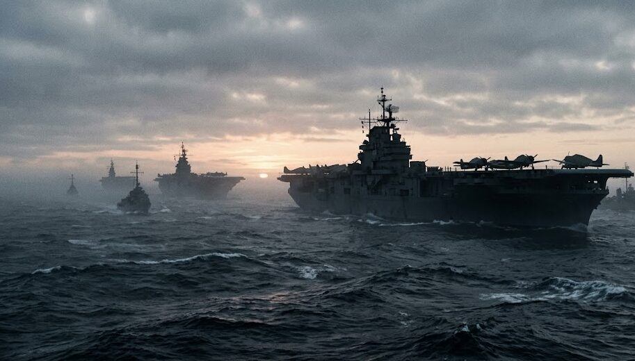 A naval fleet moving silently through the Pacific Ocean at dawn.