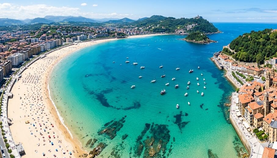 Drone photography, photorealistic. The beautiful crescent-shaped La Concha beach in San Sebastian, Basque Country, northern Spain. Crystal clear water and a historic old town in the background.