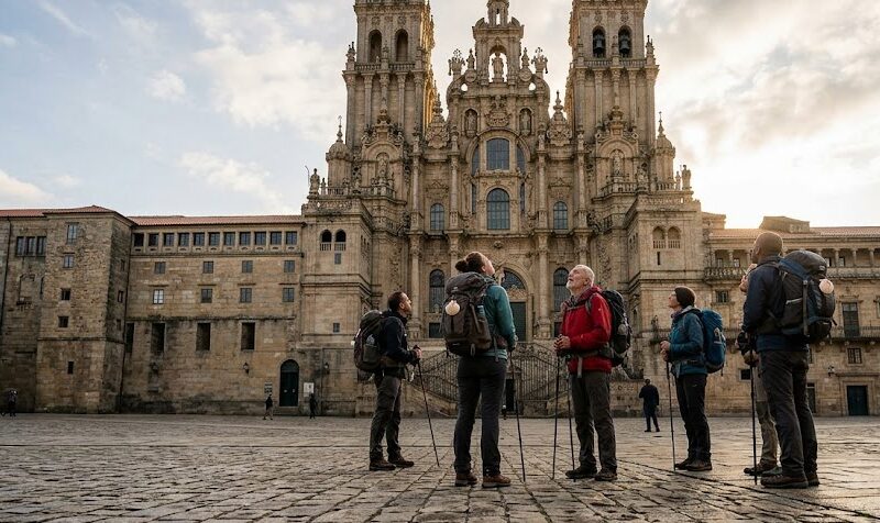 Pilgrims arriving at the majestic Cathedral of Santiago de Compostela at the end of the Camino de Santiago.